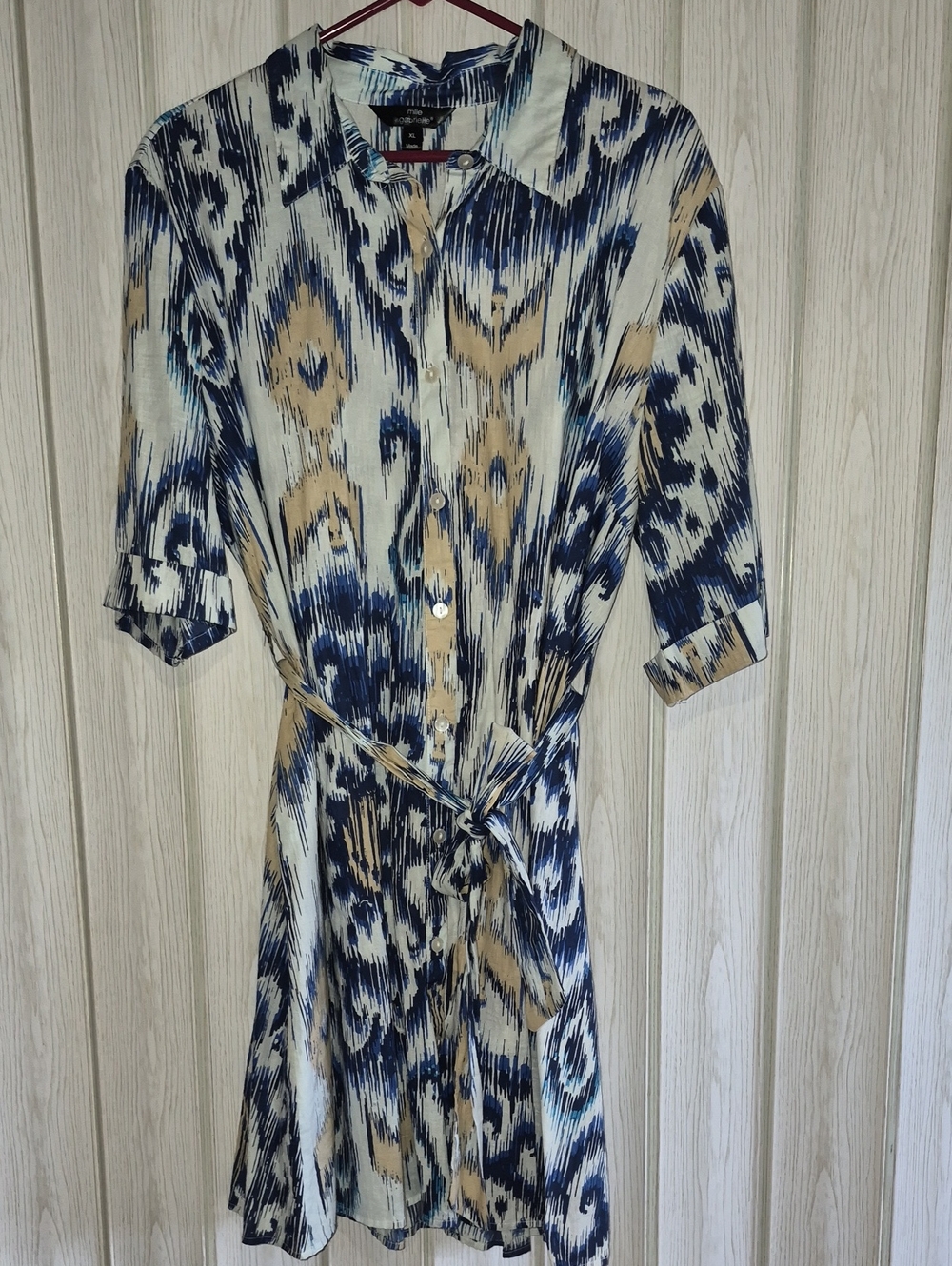 Mlle Gabrielle Navy and Beige Abstract Shirt Midi Dress